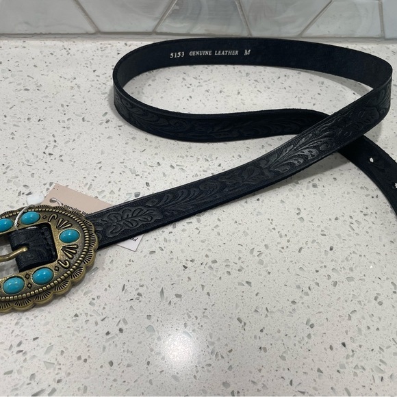 Most Wanted Black Leather Tooled Belt Round Turquoise Stone Buckle NEW Medium main image 10